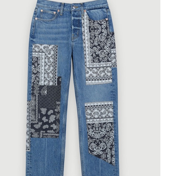 NWT Maje 8 Pandana Mid-Rise Bandana Patch Straight-Leg Jeans Logo Pockets - Picture 4 of 4